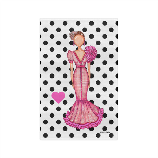 Flamenco Dancer Soft Tea Towel, pink dress with black polka dot background design. - IllustrArte
