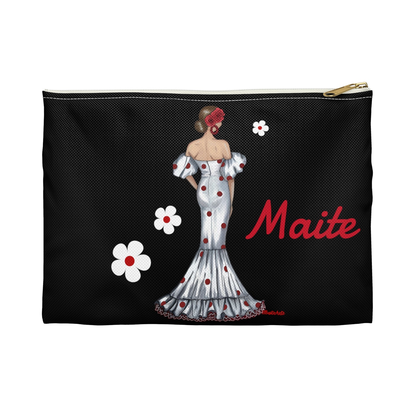 a black bag with a woman in a dress on it