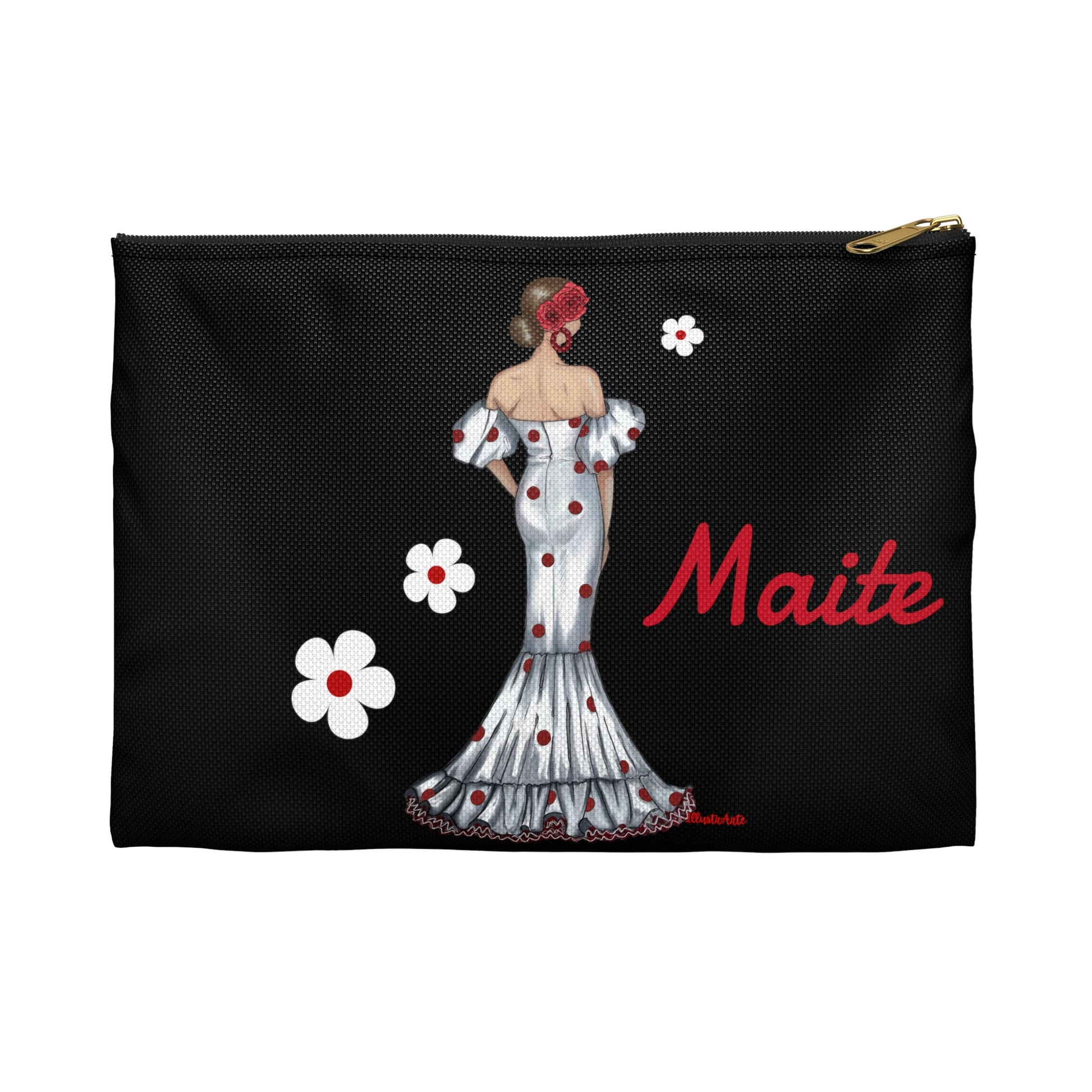 a black bag with a picture of a woman in a dress