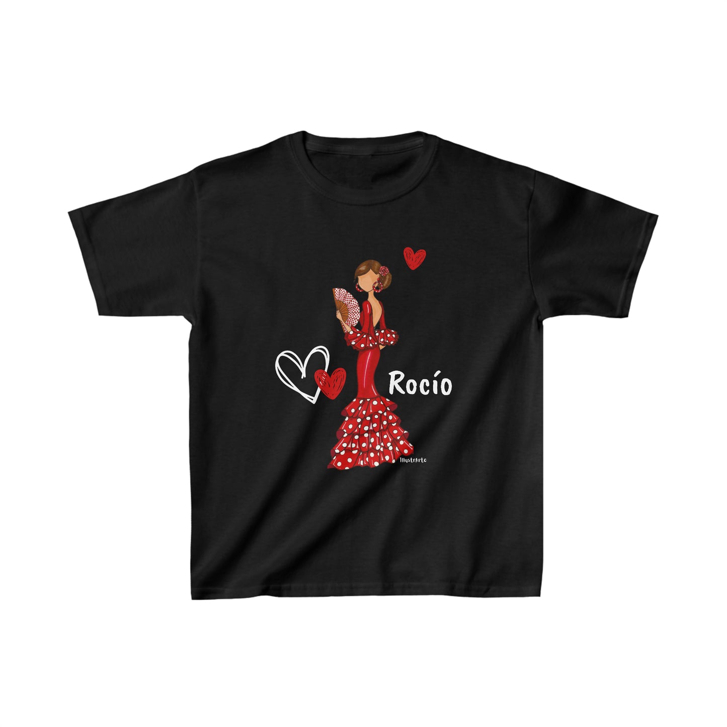a black t - shirt with a picture of a woman in a polka dot dress