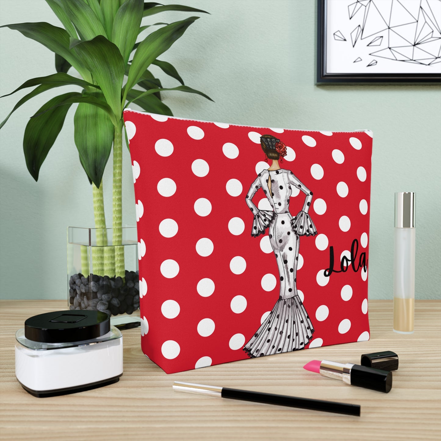 Customizable all purpose cotton bag, red background with white polka dots and our flamenco dancer María in a white dress.