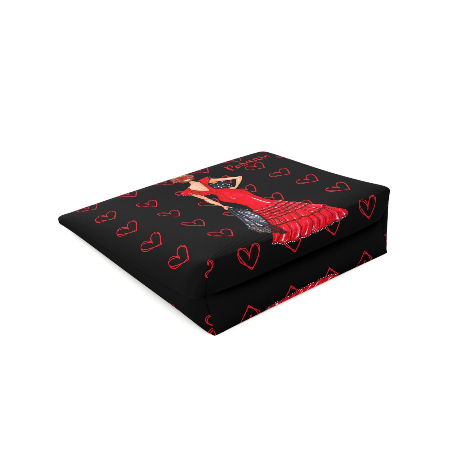 a black and red scarf with a picture of a woman on it