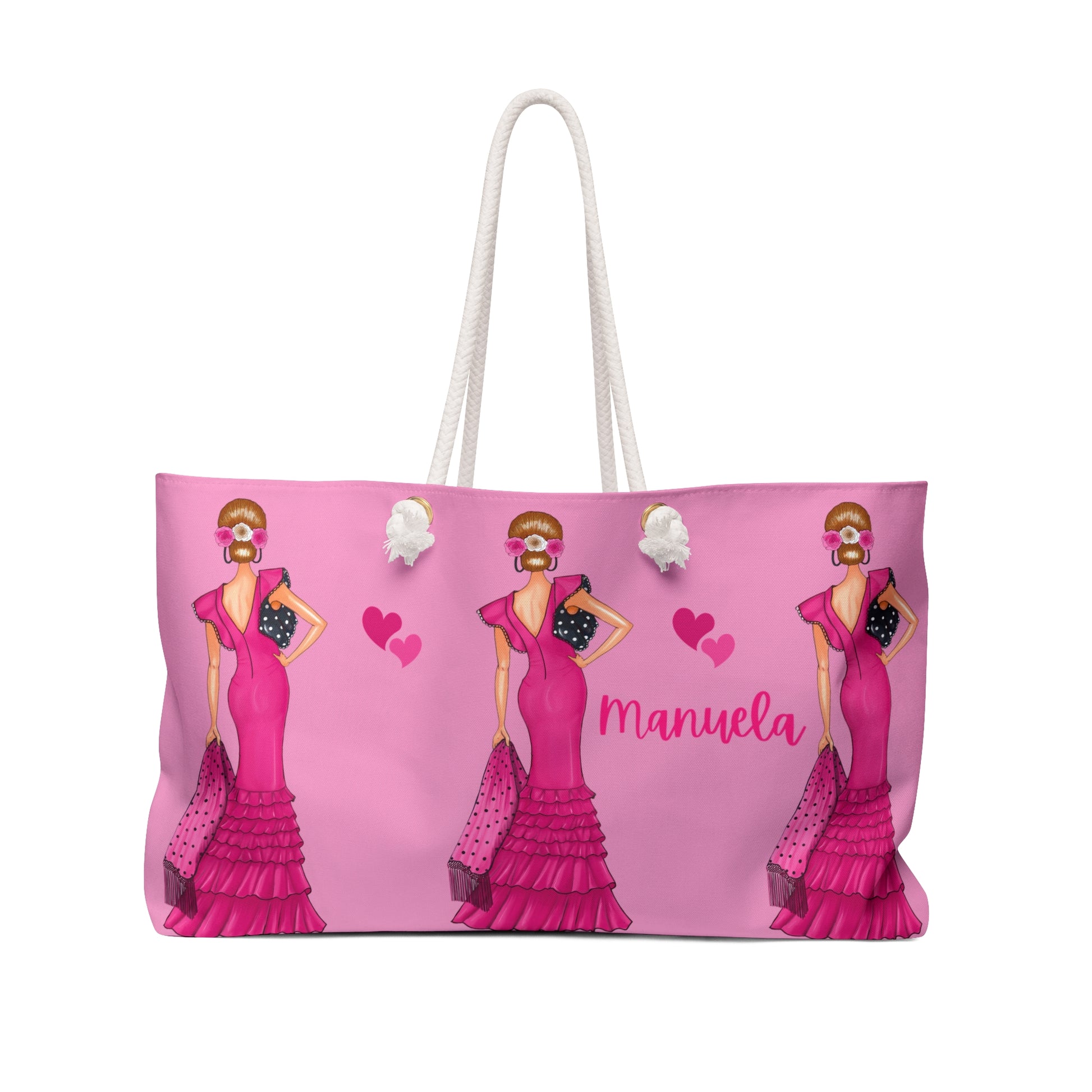 a pink bag with a picture of a woman in a pink dress