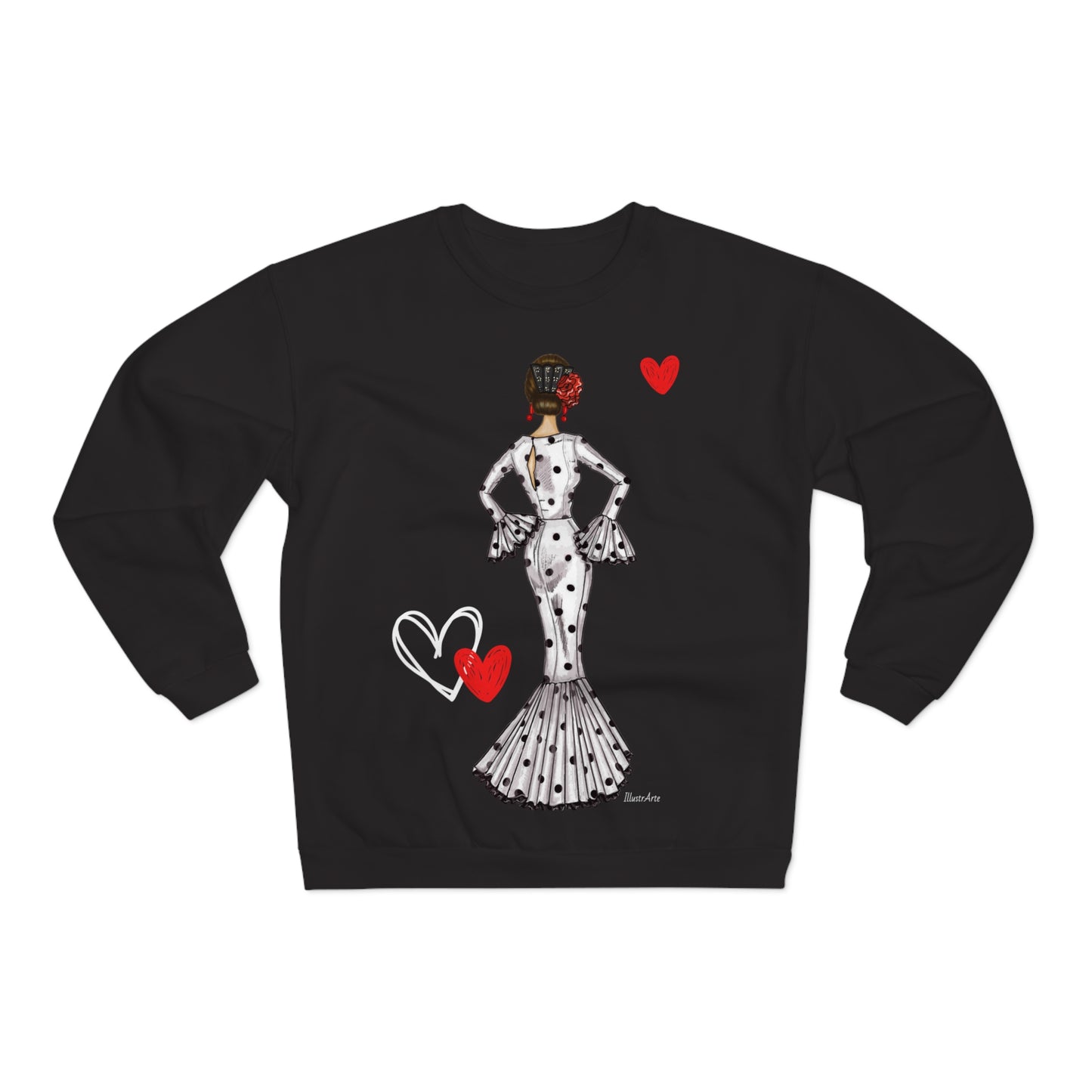 a black sweater with a woman in a dress and a heart