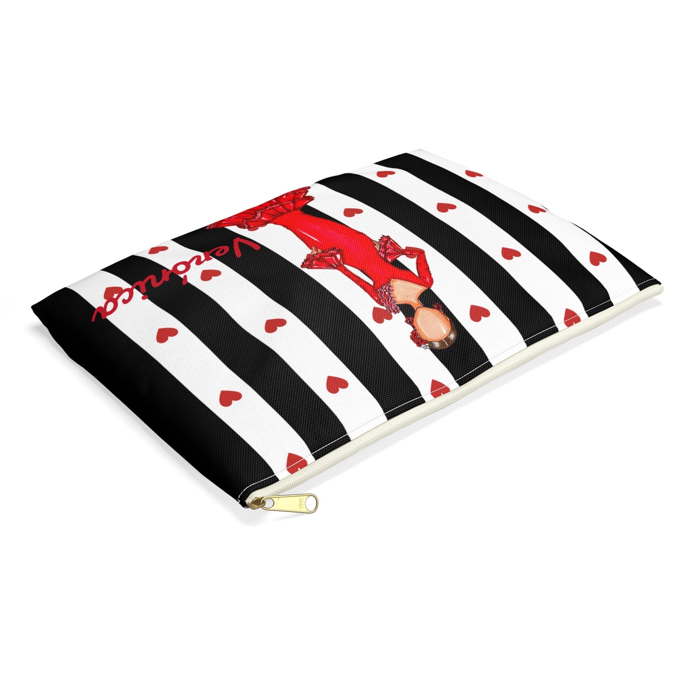 a black and white striped case with a picture of a woman on it