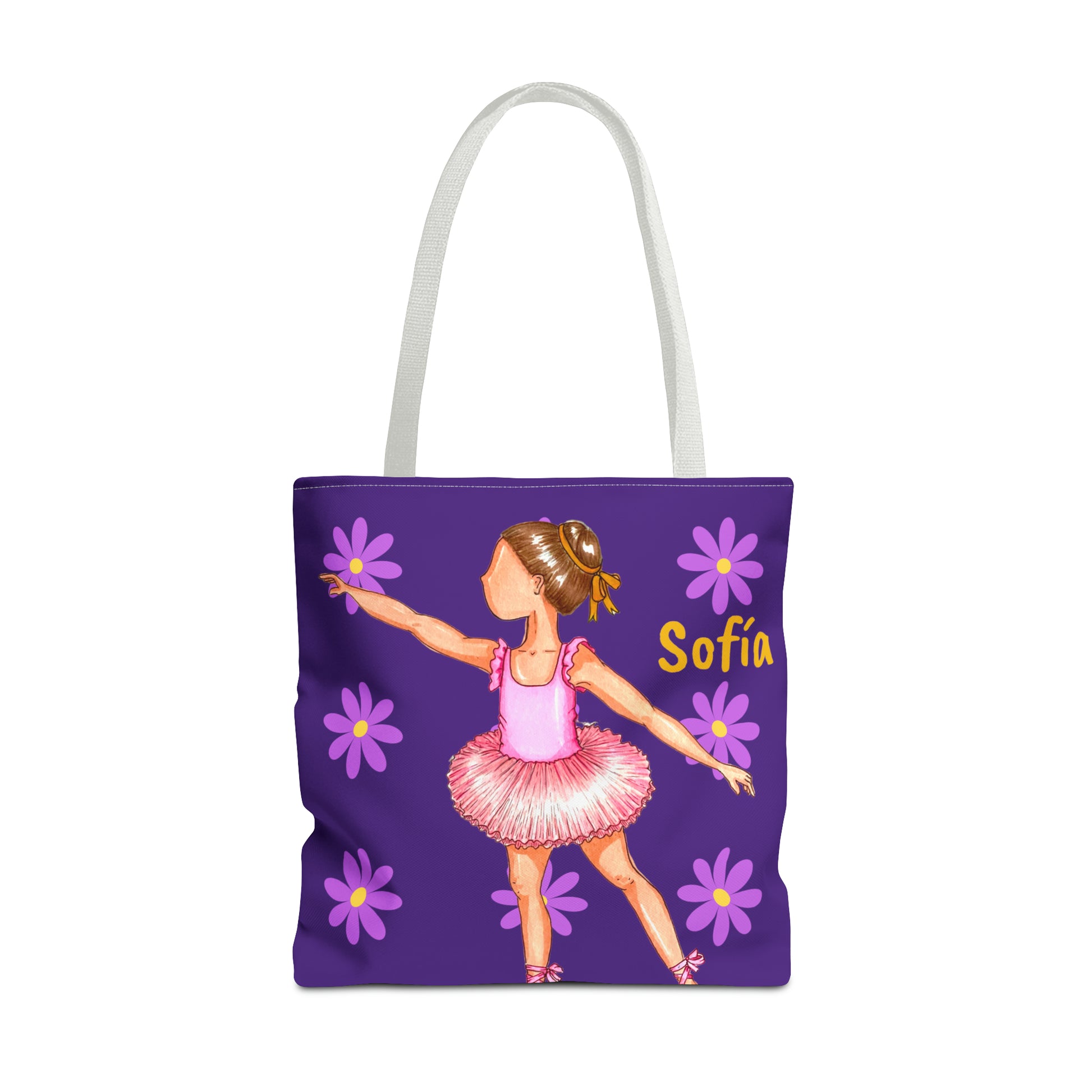 a purple tote bag with a picture of a girl in a tutu skirt
