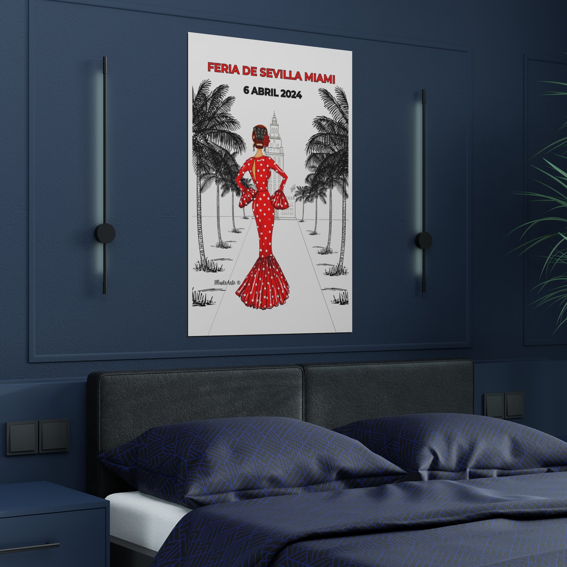 a poster of a woman in a red dress on a wall above a bed