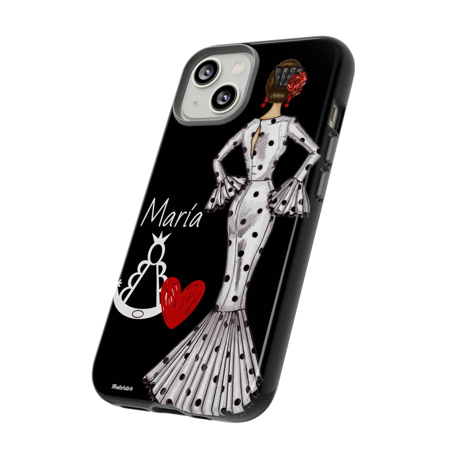 a black and white iphone case with a lady in a polka dot dress