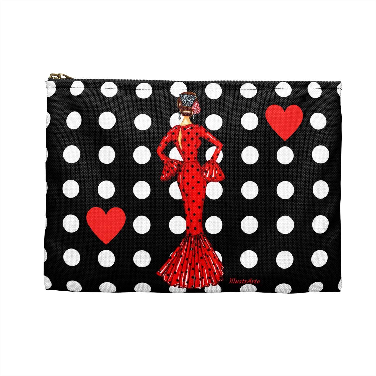 a black and white polka dot bag with a lady in a red dress