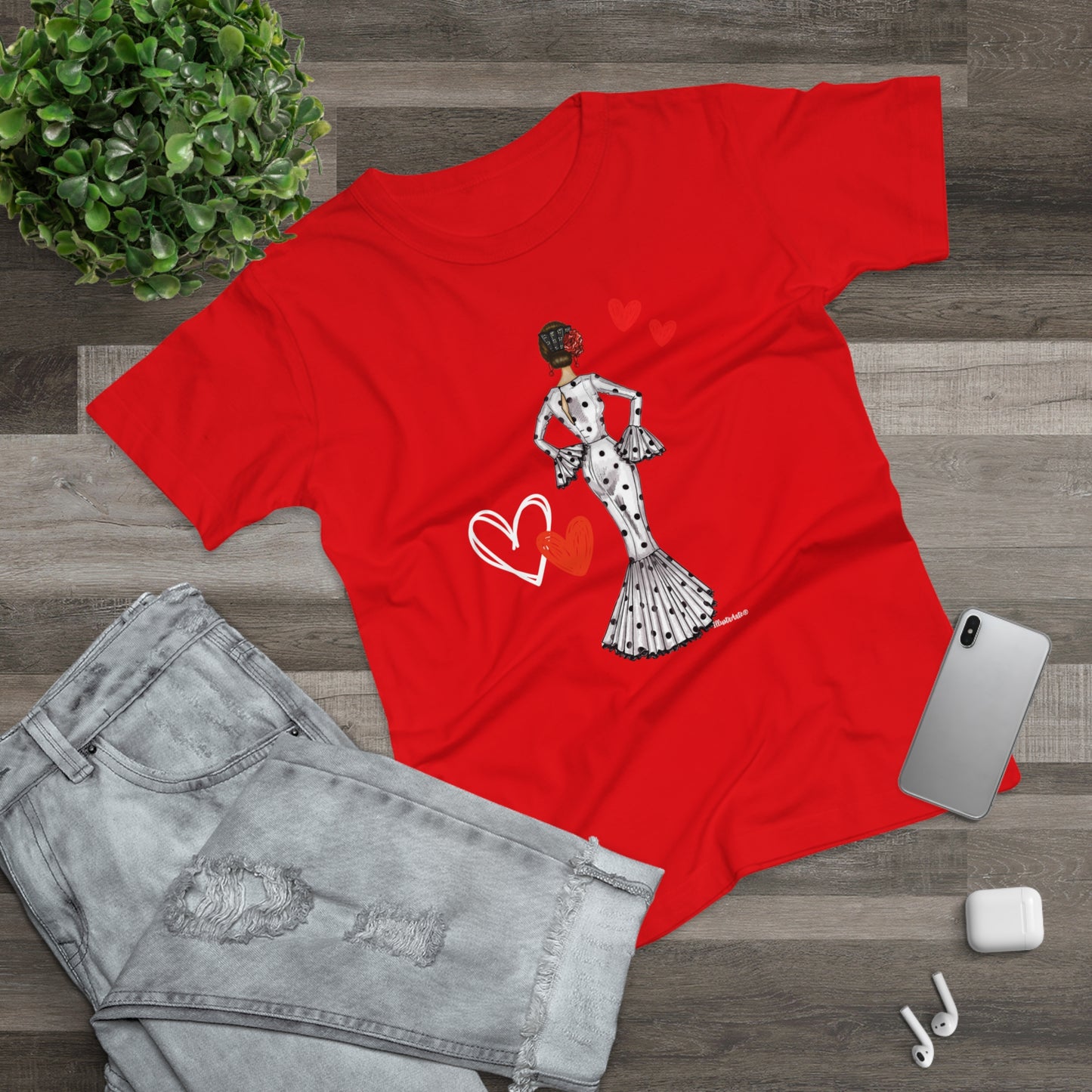 a red t - shirt with a picture of a woman on it
