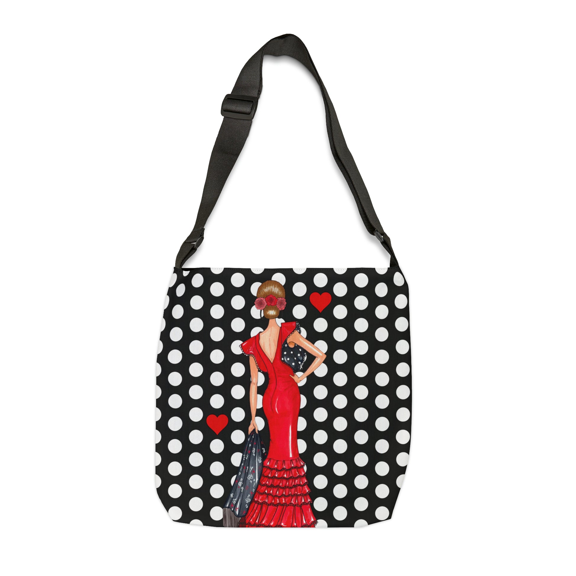 a black and white polka dot purse with a woman in a red dress