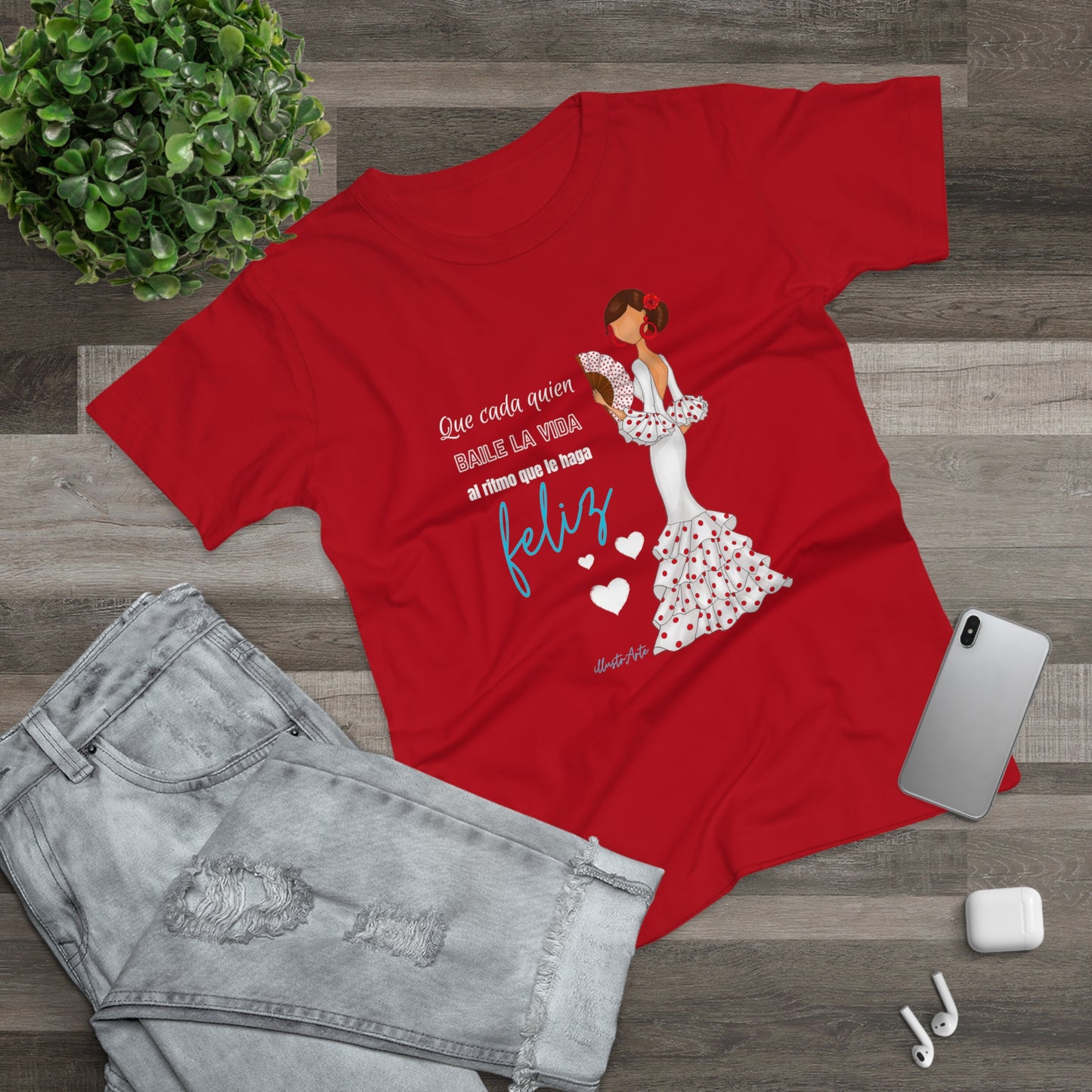 Flamenco Lovers Women's cotton red tee - Flamenca Pepa in a white dress with a positive quote.