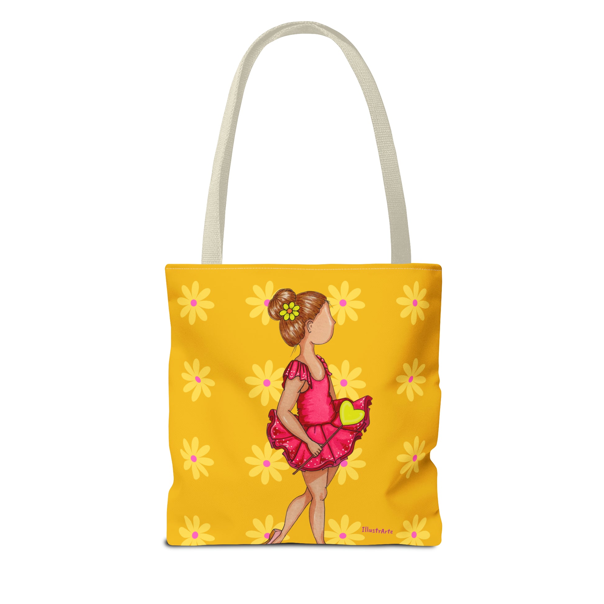 a yellow tote bag with a picture of a girl in a pink dress