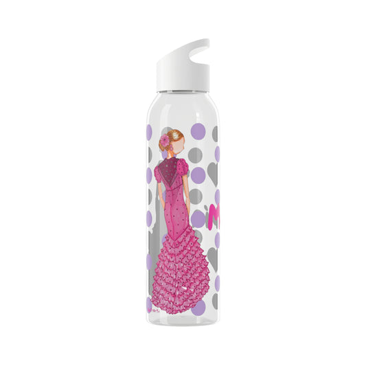 a water bottle with a picture of a woman in a pink dress
