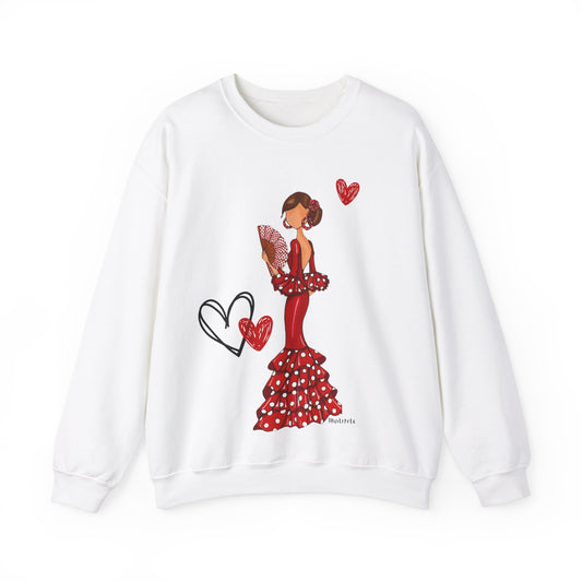 a white sweatshirt with a woman in a red dress holding a heart