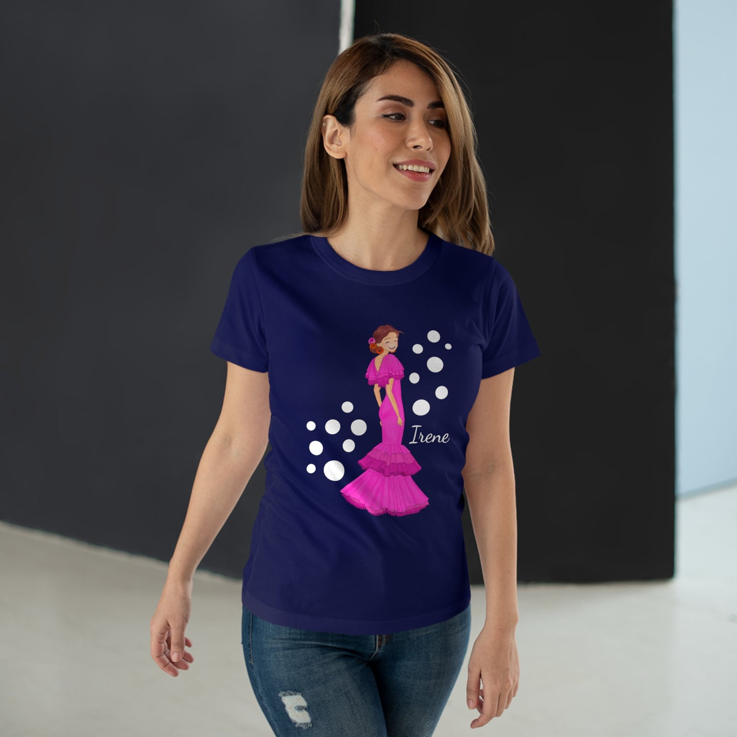 a woman wearing a t - shirt with a princess on it