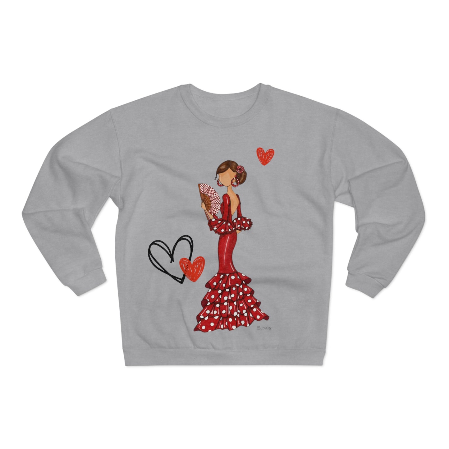 a women's sweatshirt with a woman in a polka dot dress holding a heart
