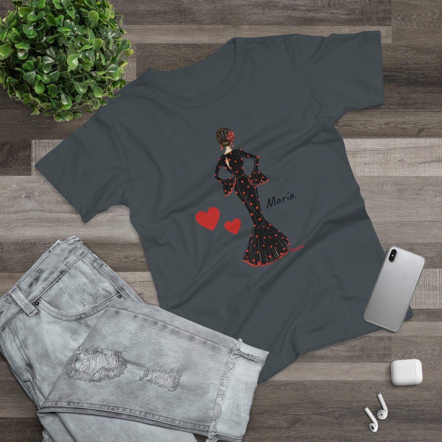 Flamenco Lovers Women's cotton tee - Flamenca Maria in a black dress with a red heart