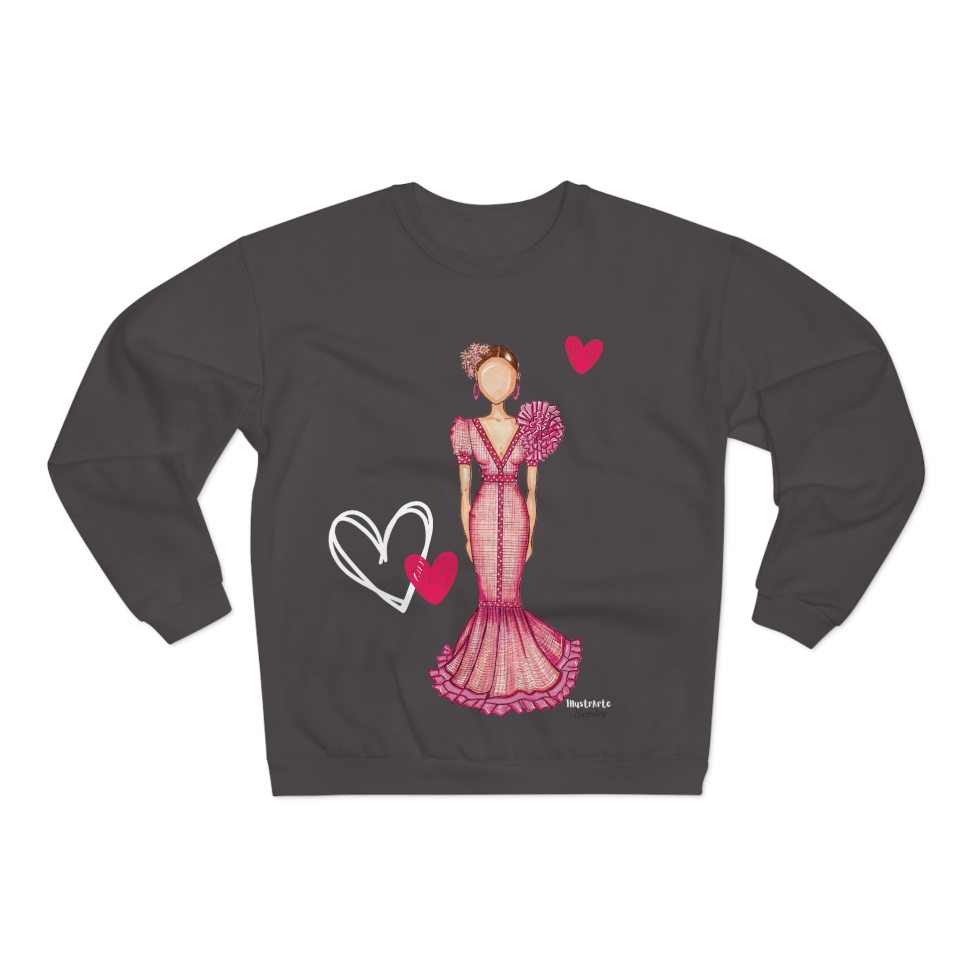 a sweater with a woman in a dress and a heart