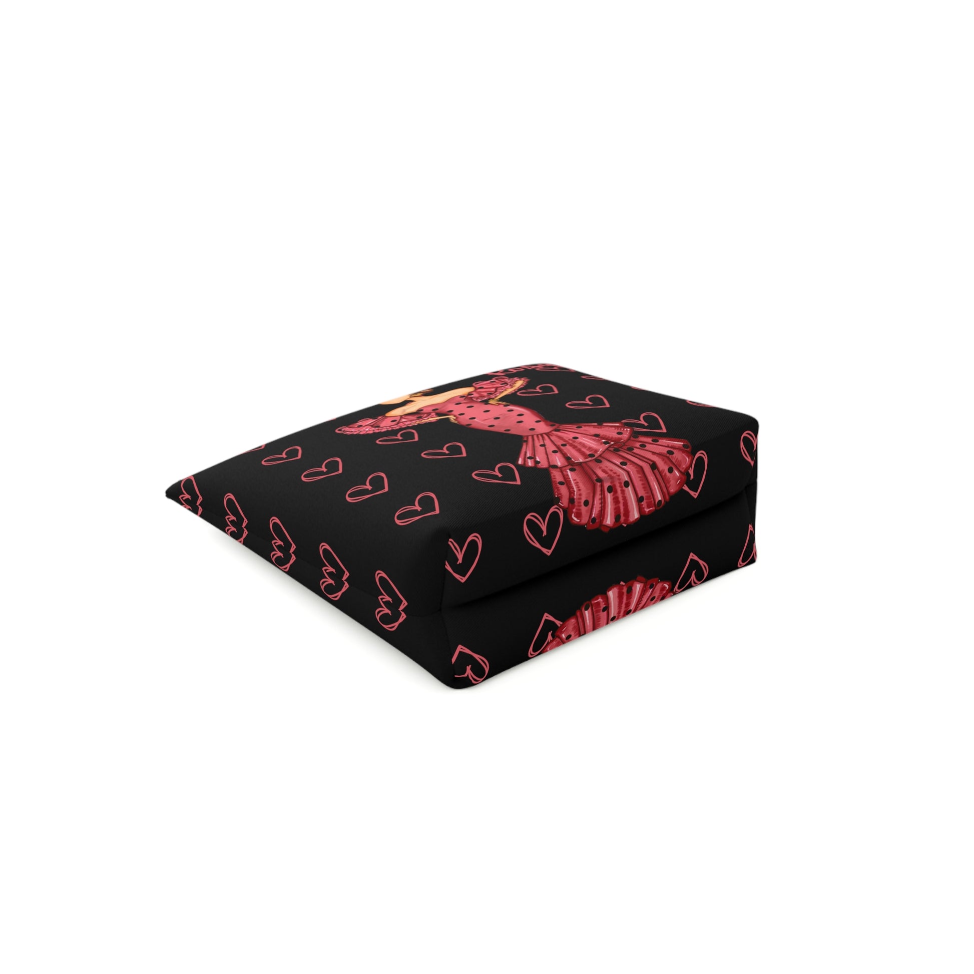 a black and red blanket with hearts on it
