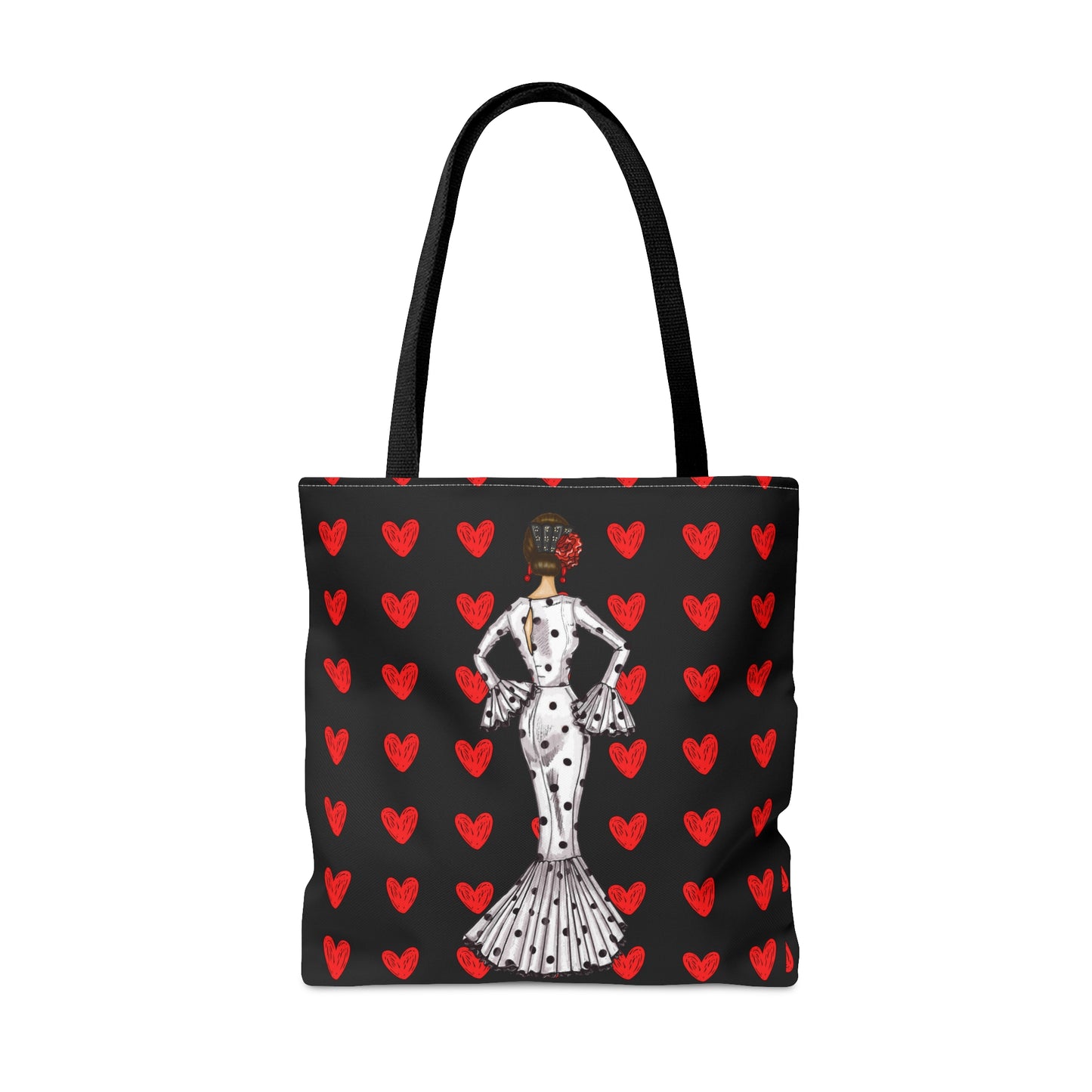 a black and red tote bag with a dalmatian woman on it