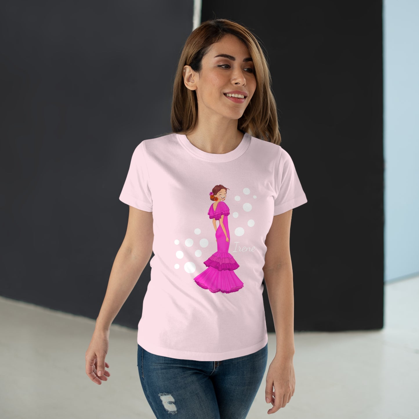 a woman wearing a pink princess t - shirt