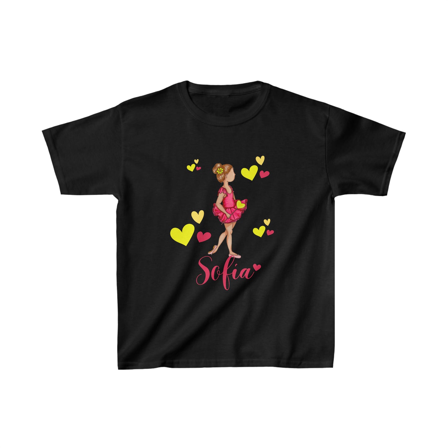 a black t - shirt with a girl in a pink dress and hearts