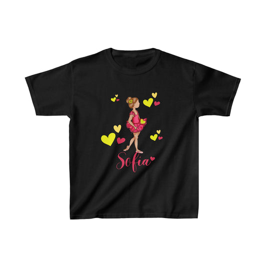 a black t - shirt with a girl in a pink dress and hearts
