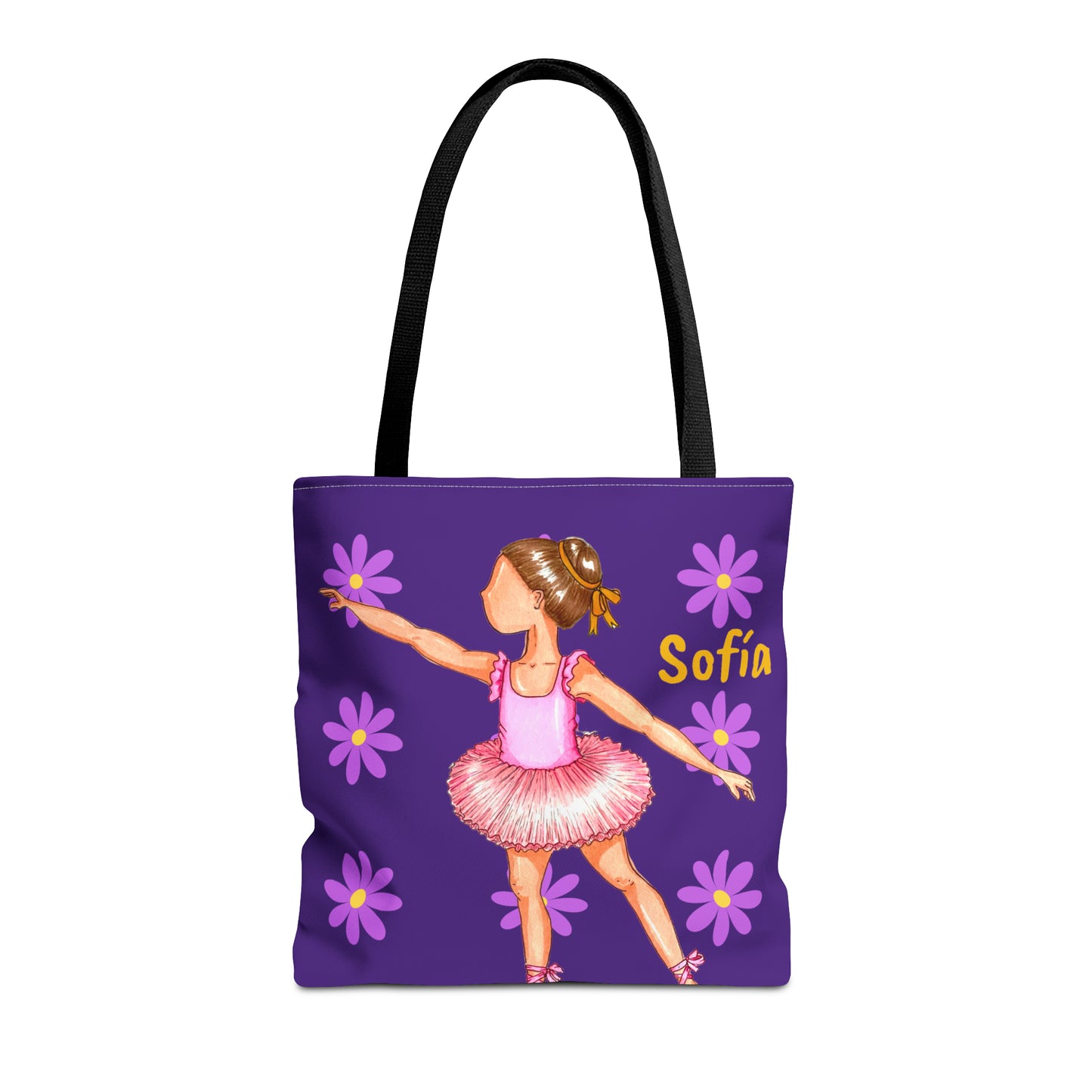 a purple tote bag with a picture of a little girl in a pink dress