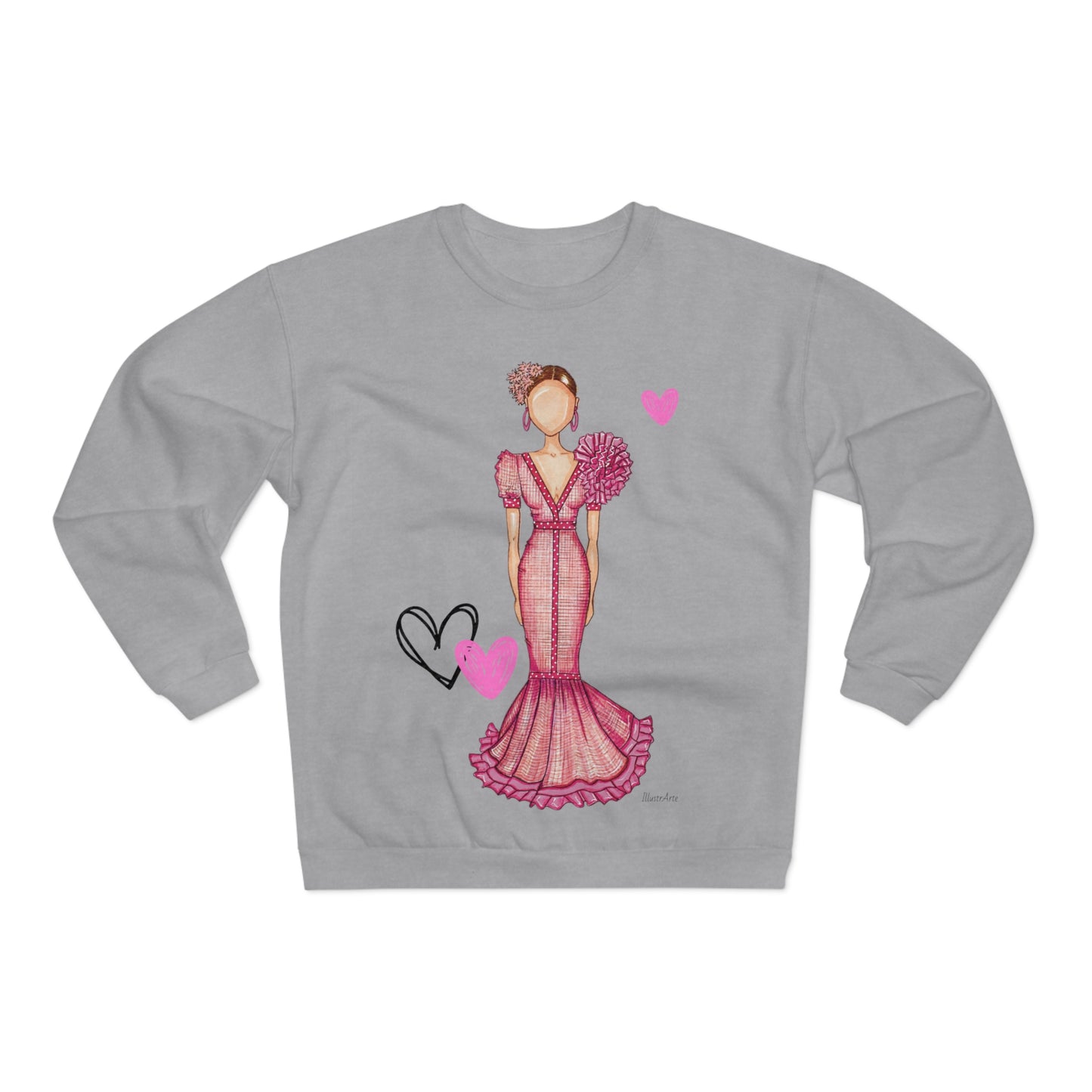a women's sweatshirt with a drawing of a woman in a pink dress