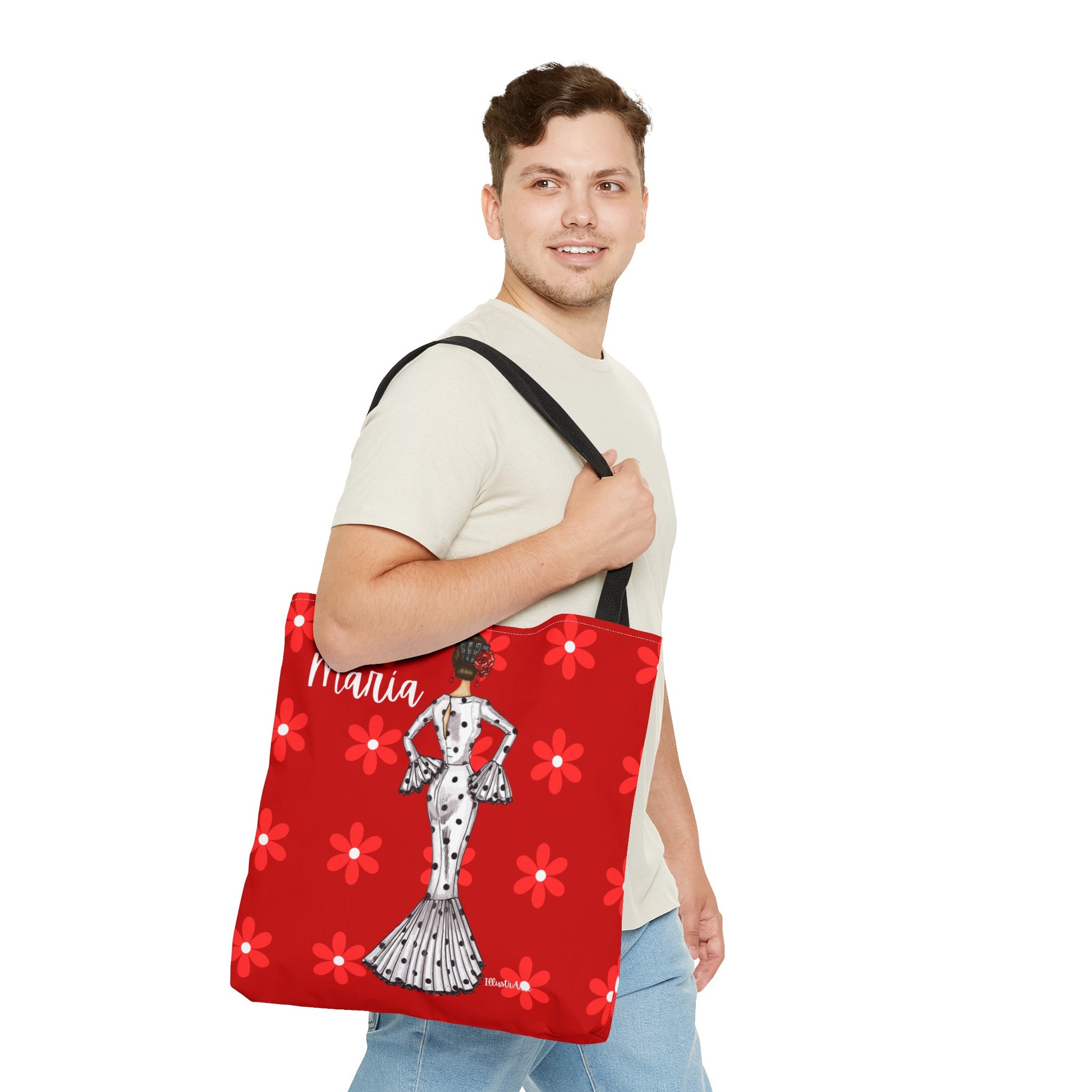 a man is holding a red bag with a picture of a woman on it