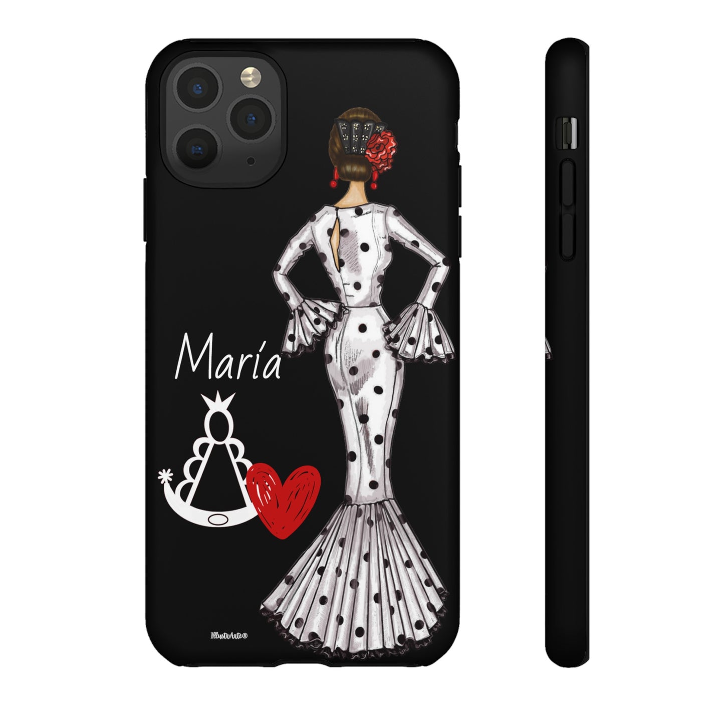 a black phone case with a picture of a woman in a dress