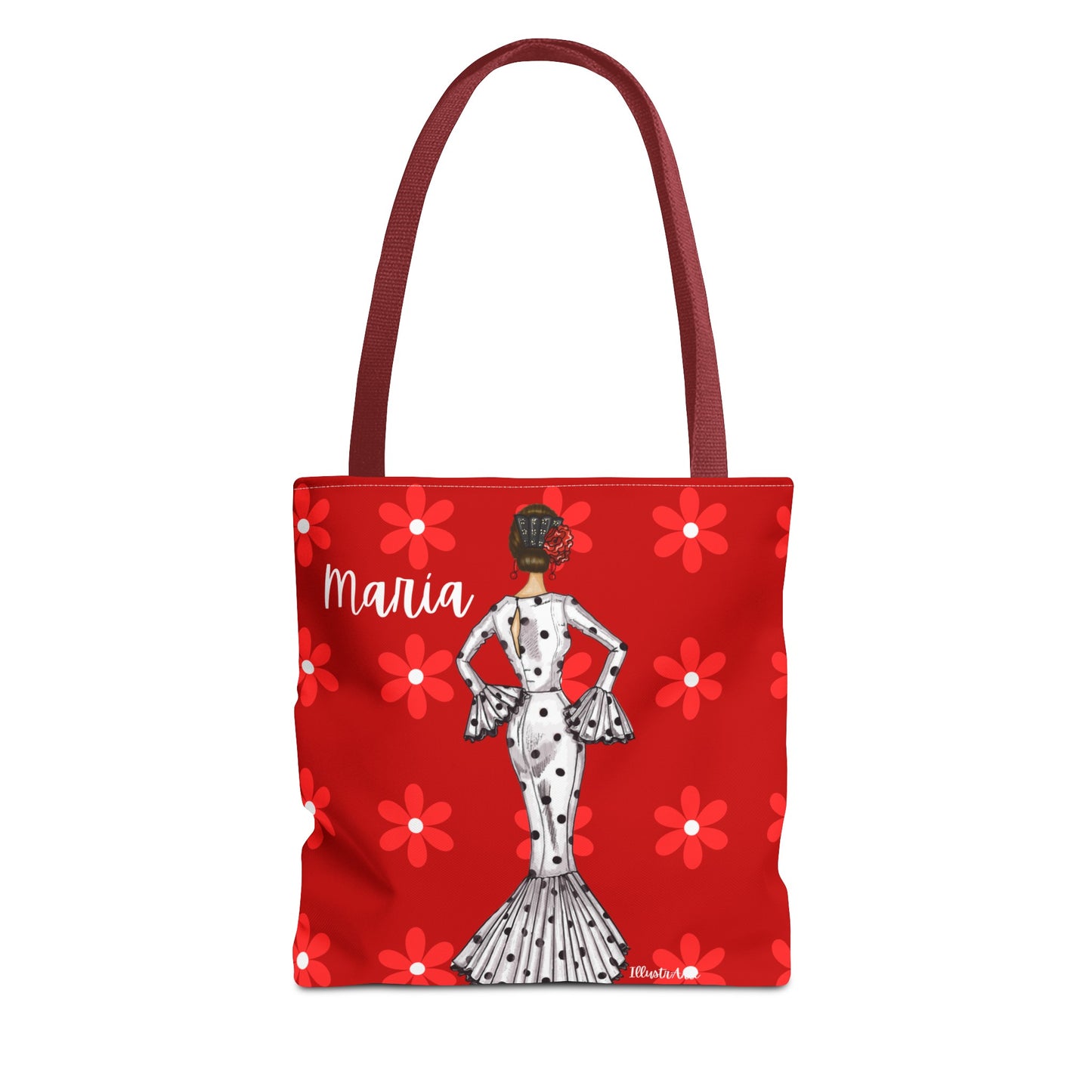 a red tote bag with a picture of a woman on it