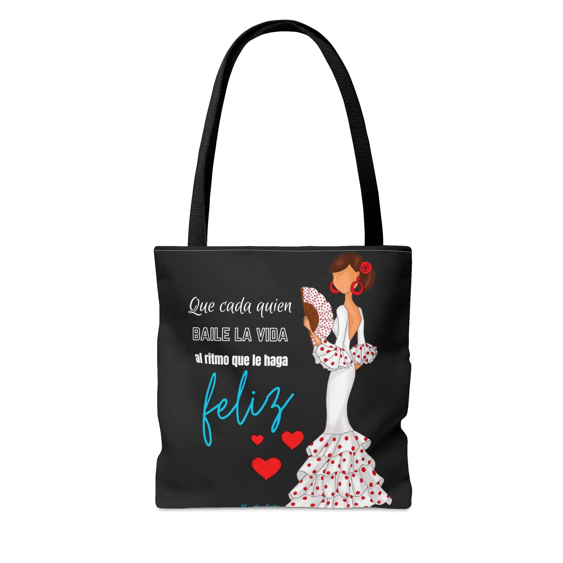a black tote bag with a picture of a woman in a dress