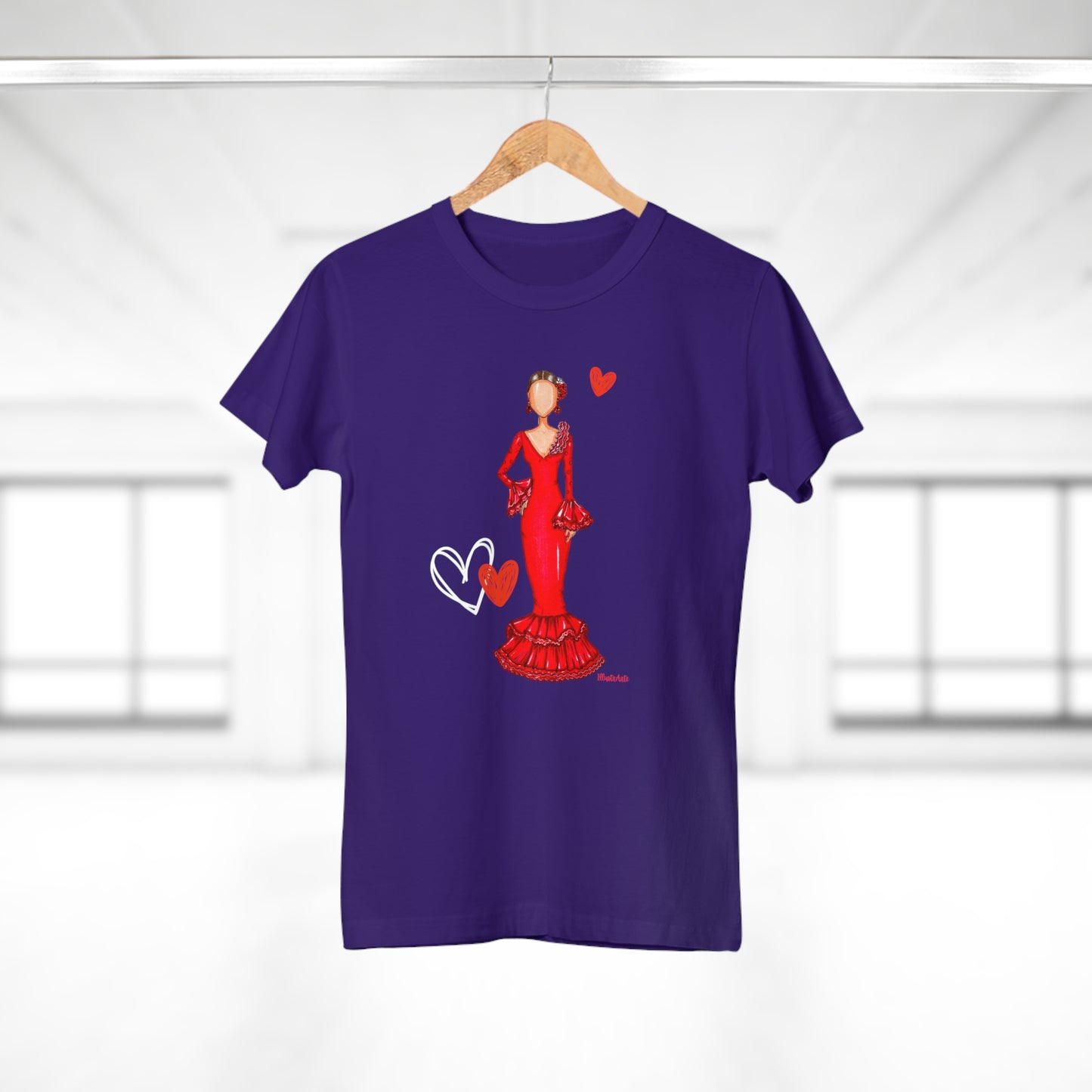 a purple t - shirt with a woman in a red dress