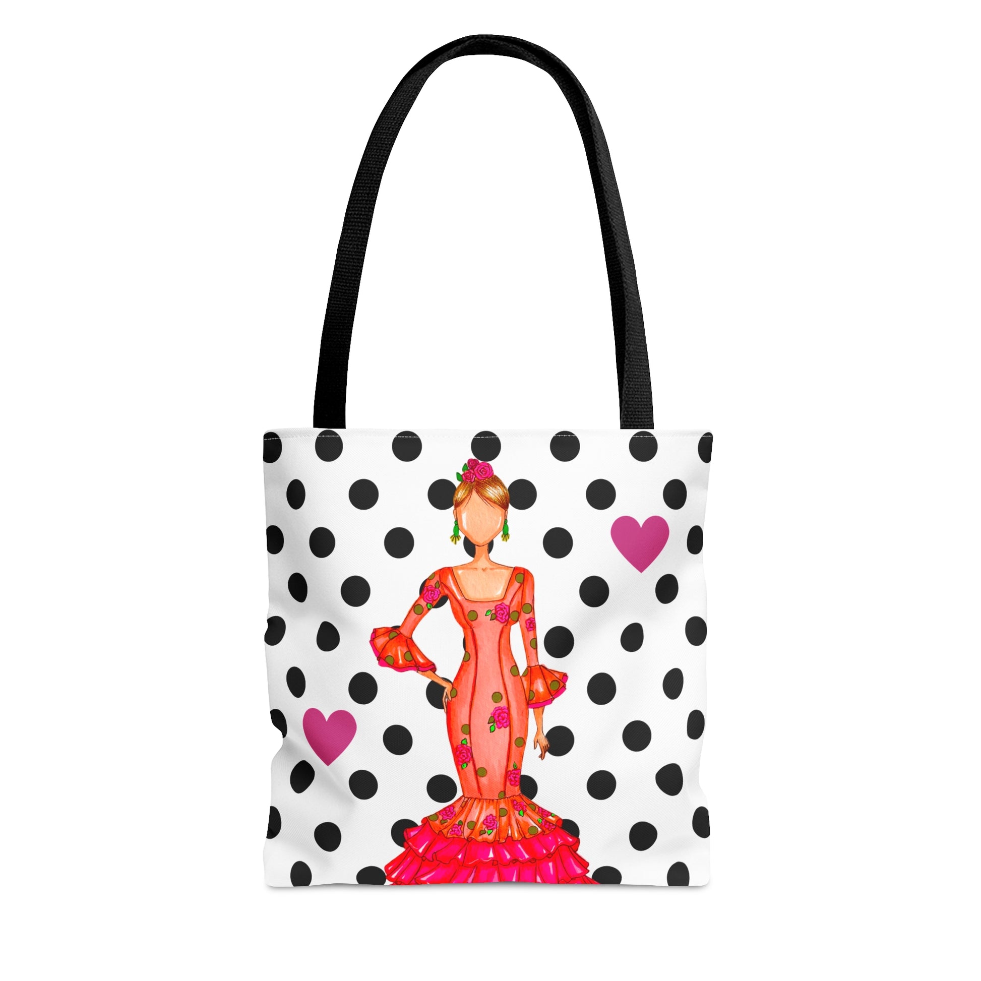 a tote bag with a woman in a polka dot dress