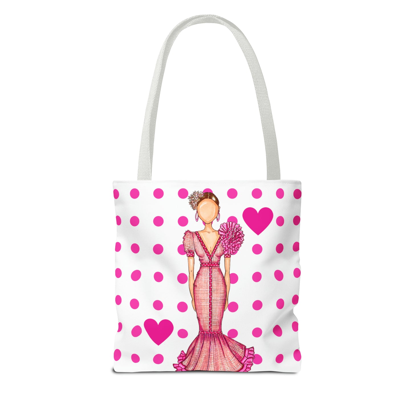 a tote bag with a woman in a pink dress