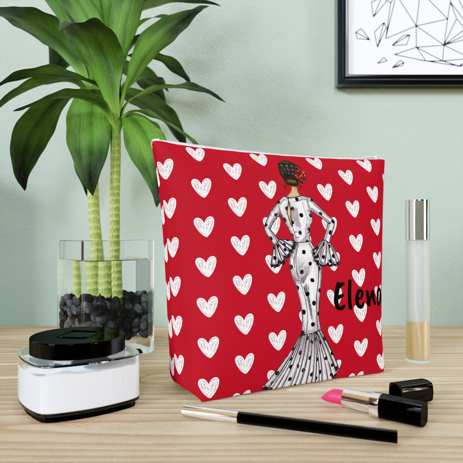 a picture of a dalmatian dog on a red background with hearts