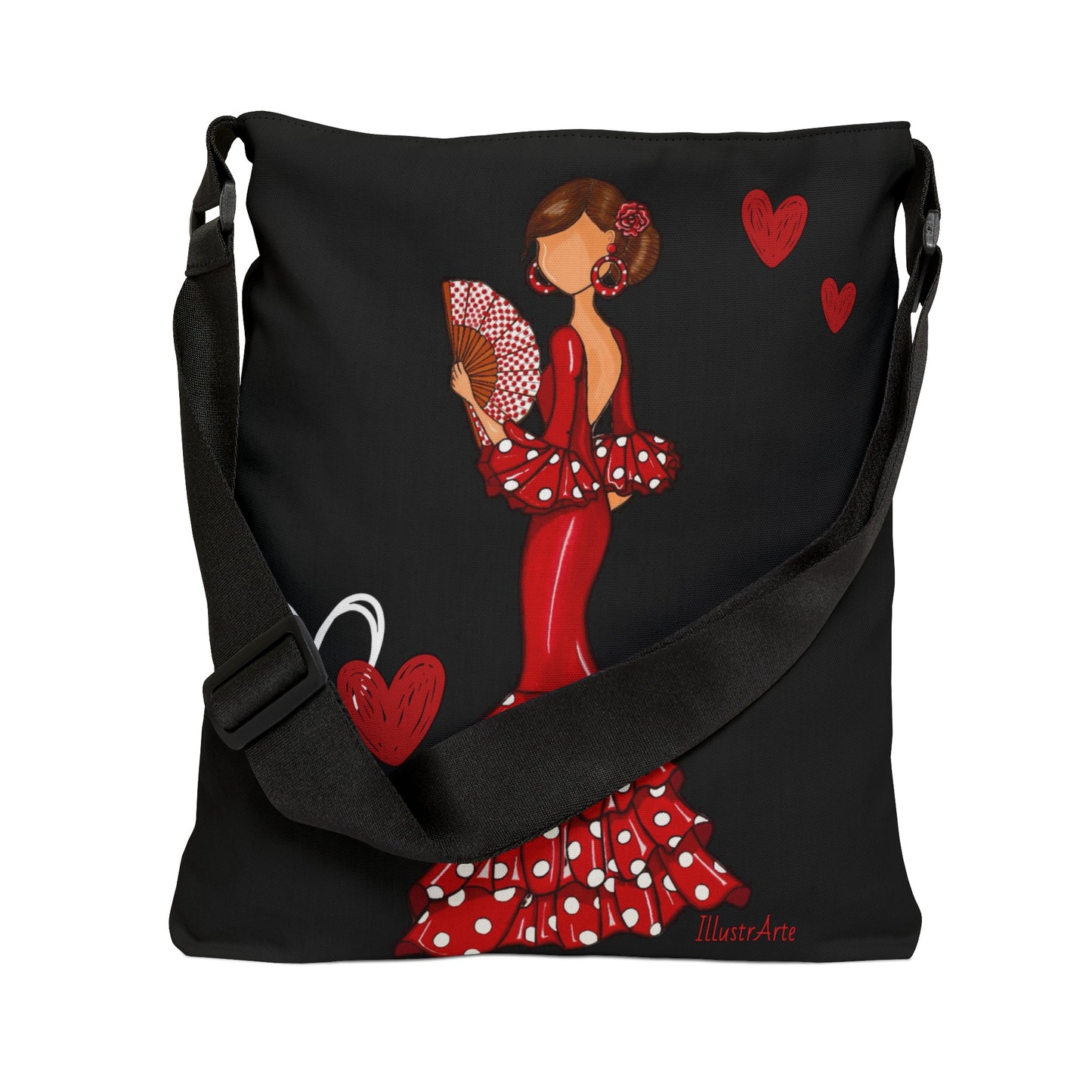 a black bag with a picture of a woman in a red dress