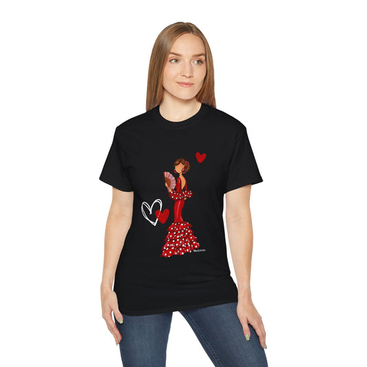 a woman wearing a black t - shirt with a red polka dot dress and heart