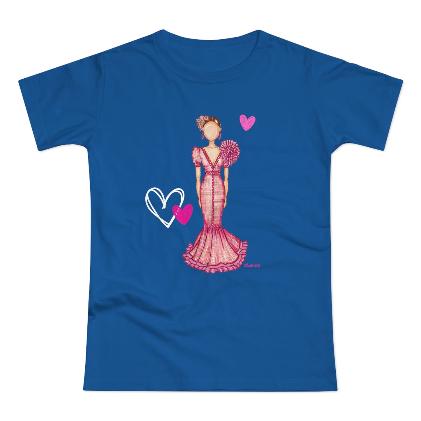 a blue t - shirt with a drawing of a woman in a dress