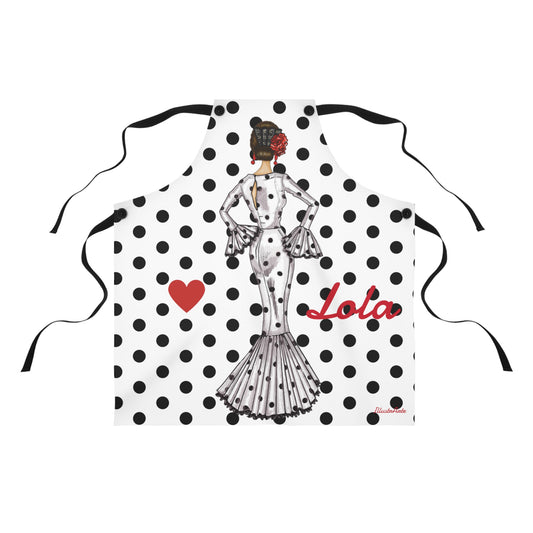 a polka dot apron with a picture of a woman on it