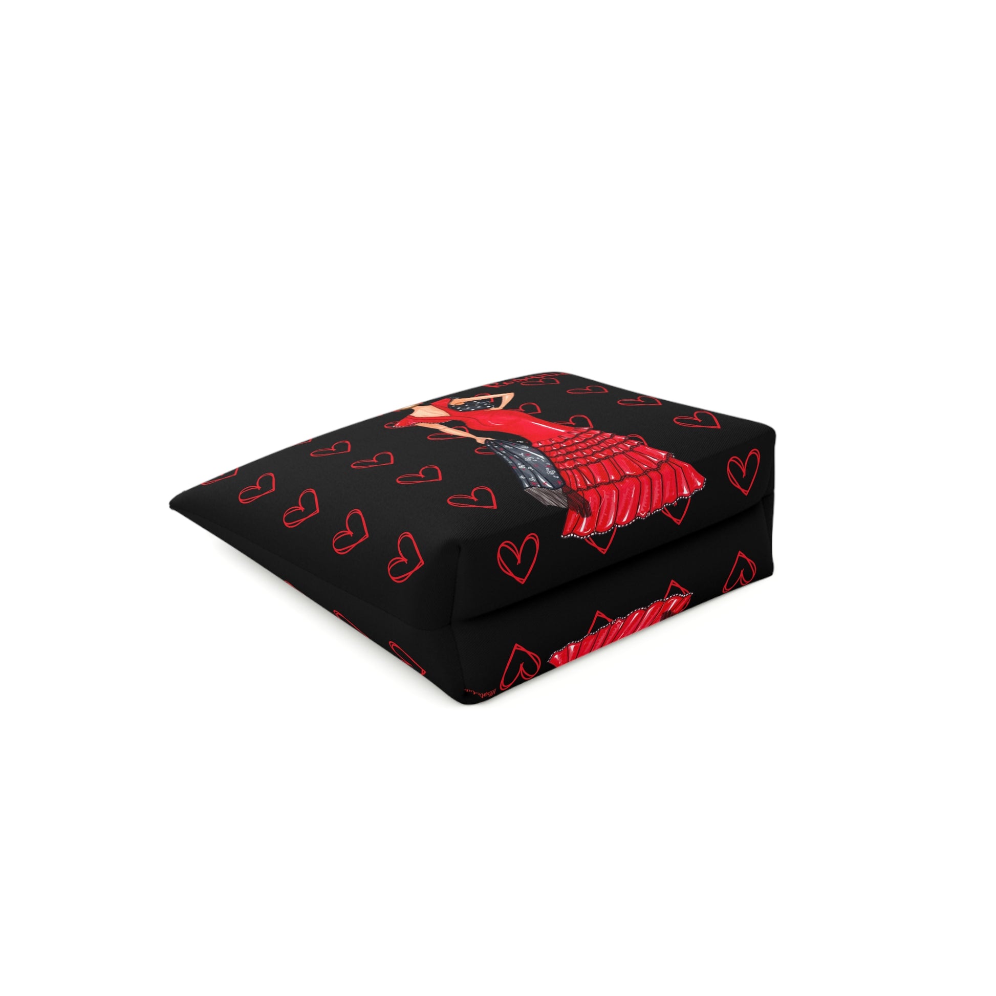 a black and red blanket with a red bird on it