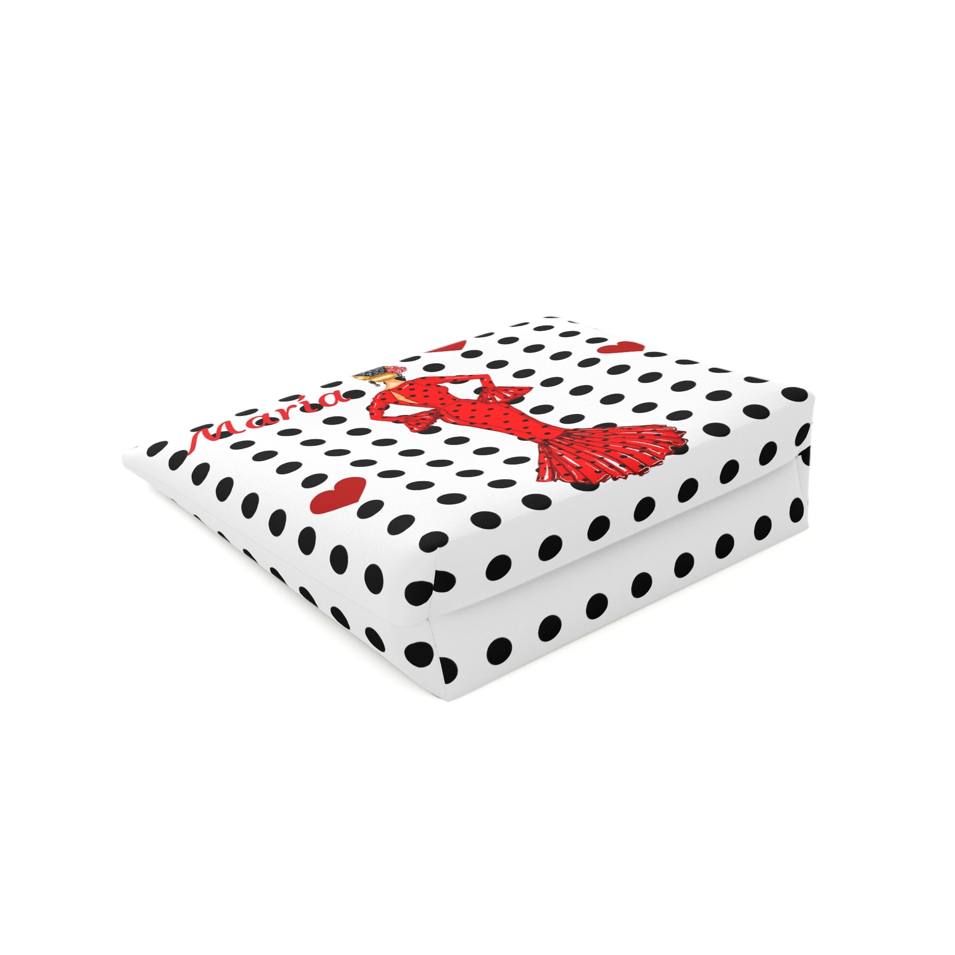 a polka dot box with a red lobster on it