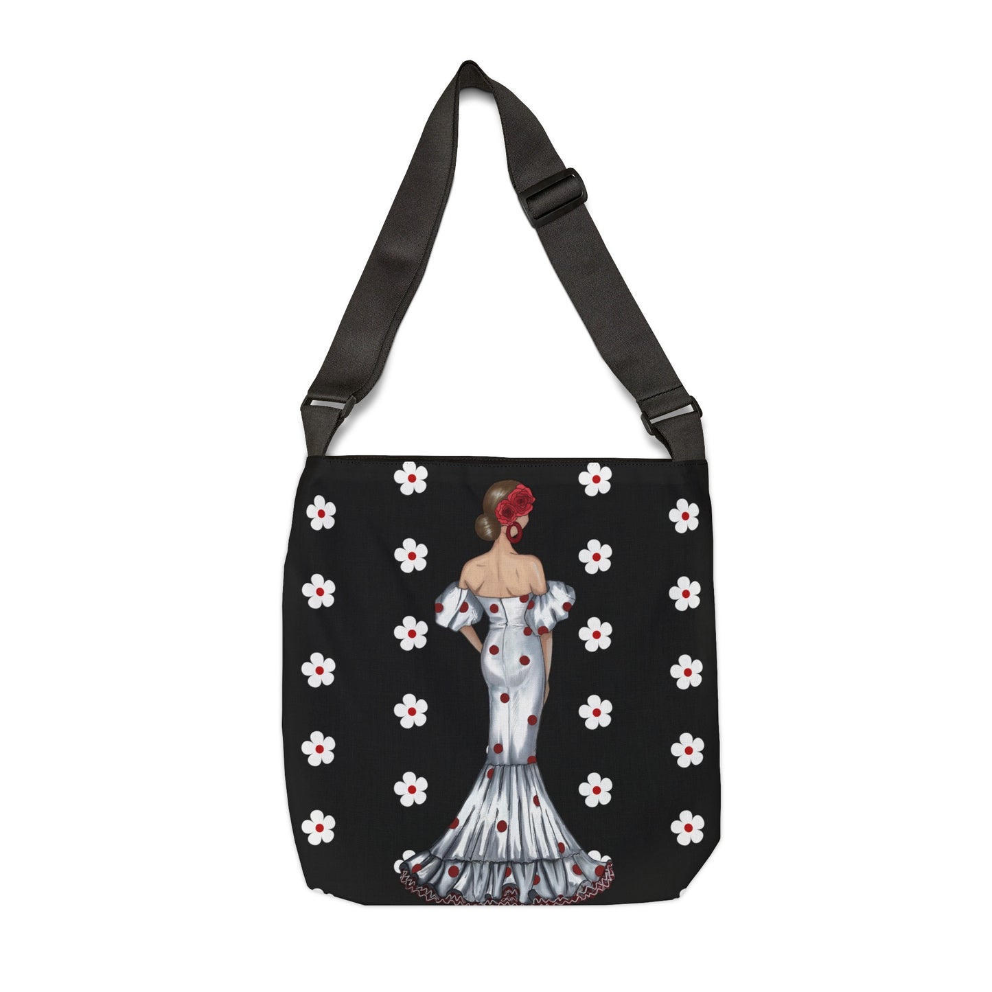 Bolso personalizable con asas ajustables, Bailaora de Flamenco Maite con fondo de flores