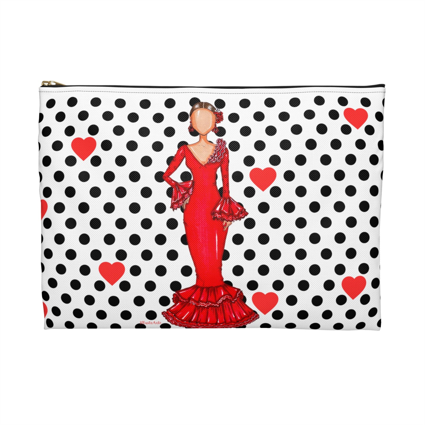 a polka dot purse with a woman in a red dress
