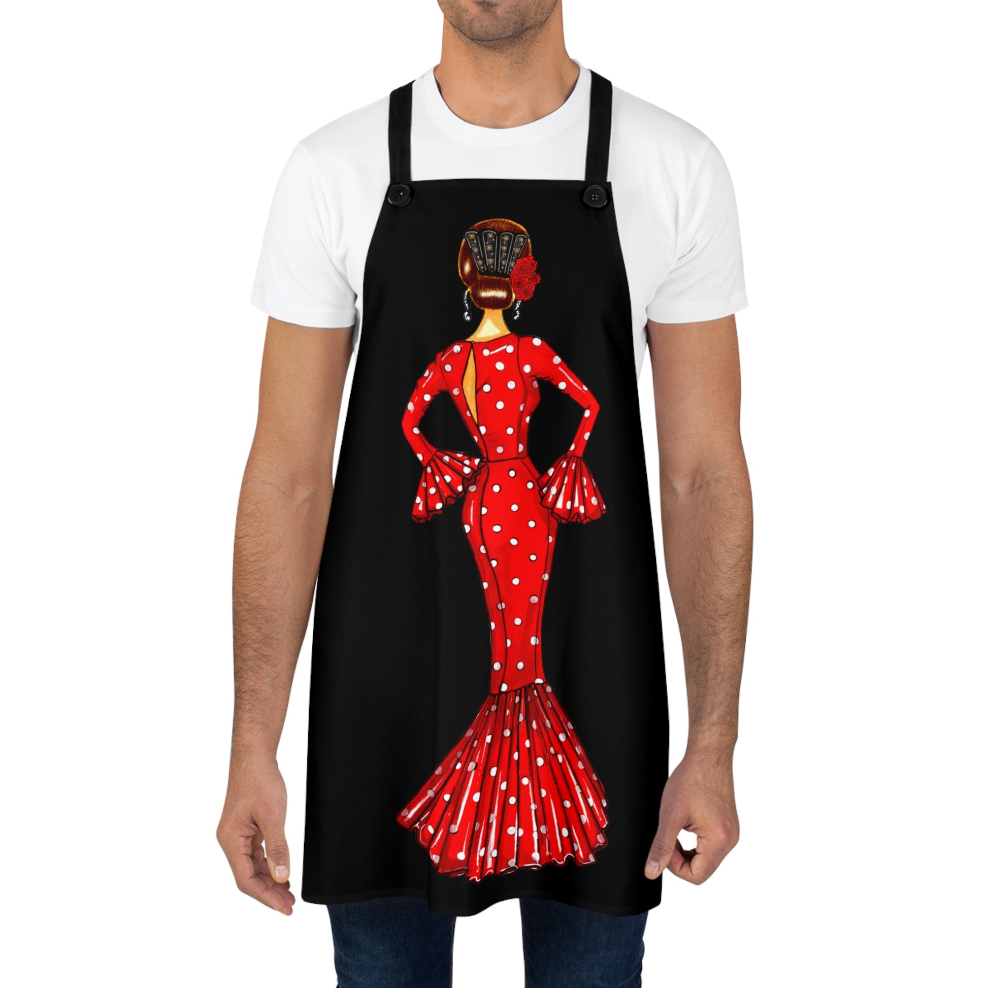 a man wearing an apron with a red polka dot dress on it