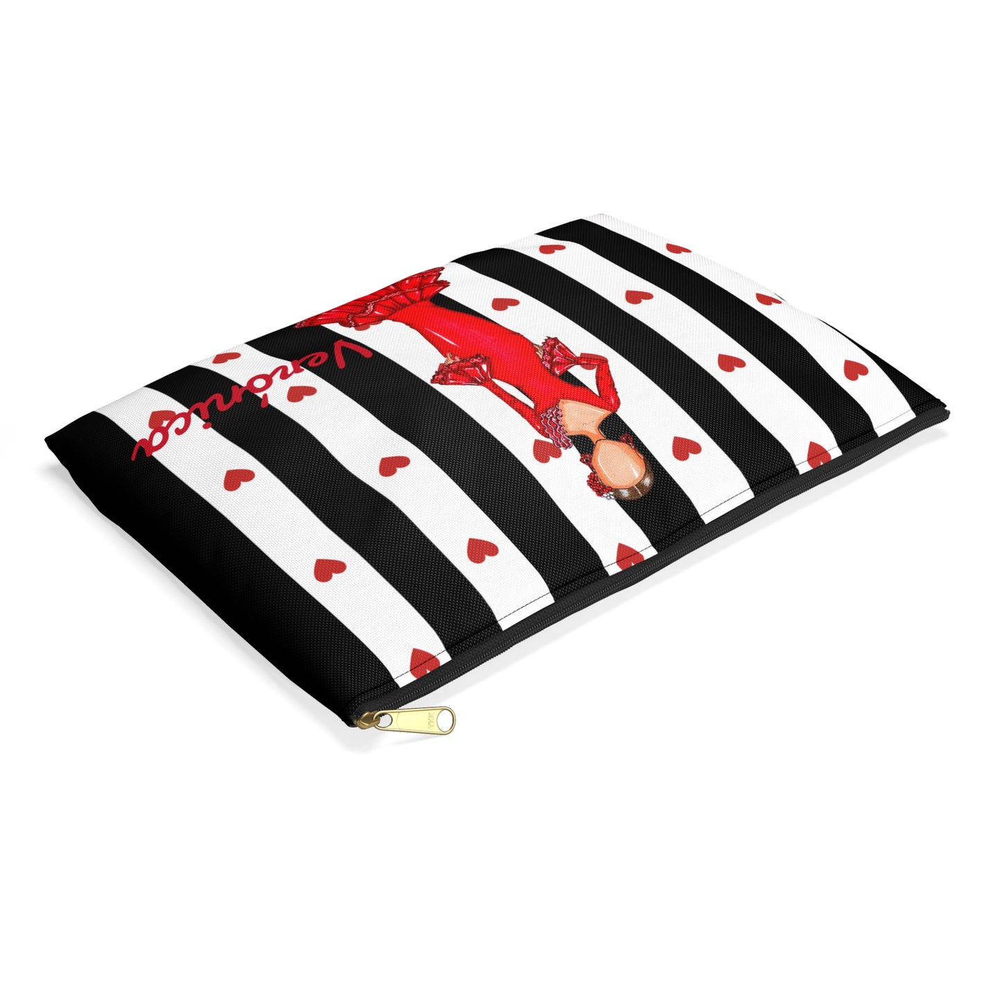 a black and white striped bag with a picture of a woman on it