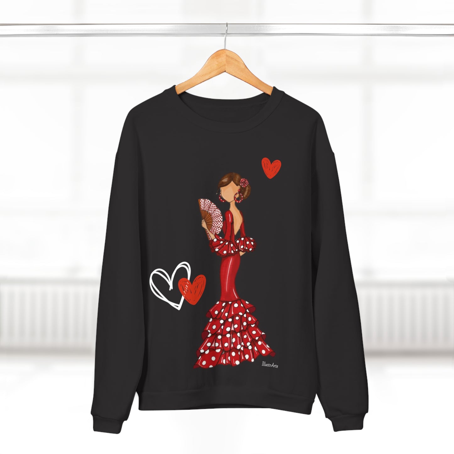 a black sweater with a woman in a red dress and hearts on it