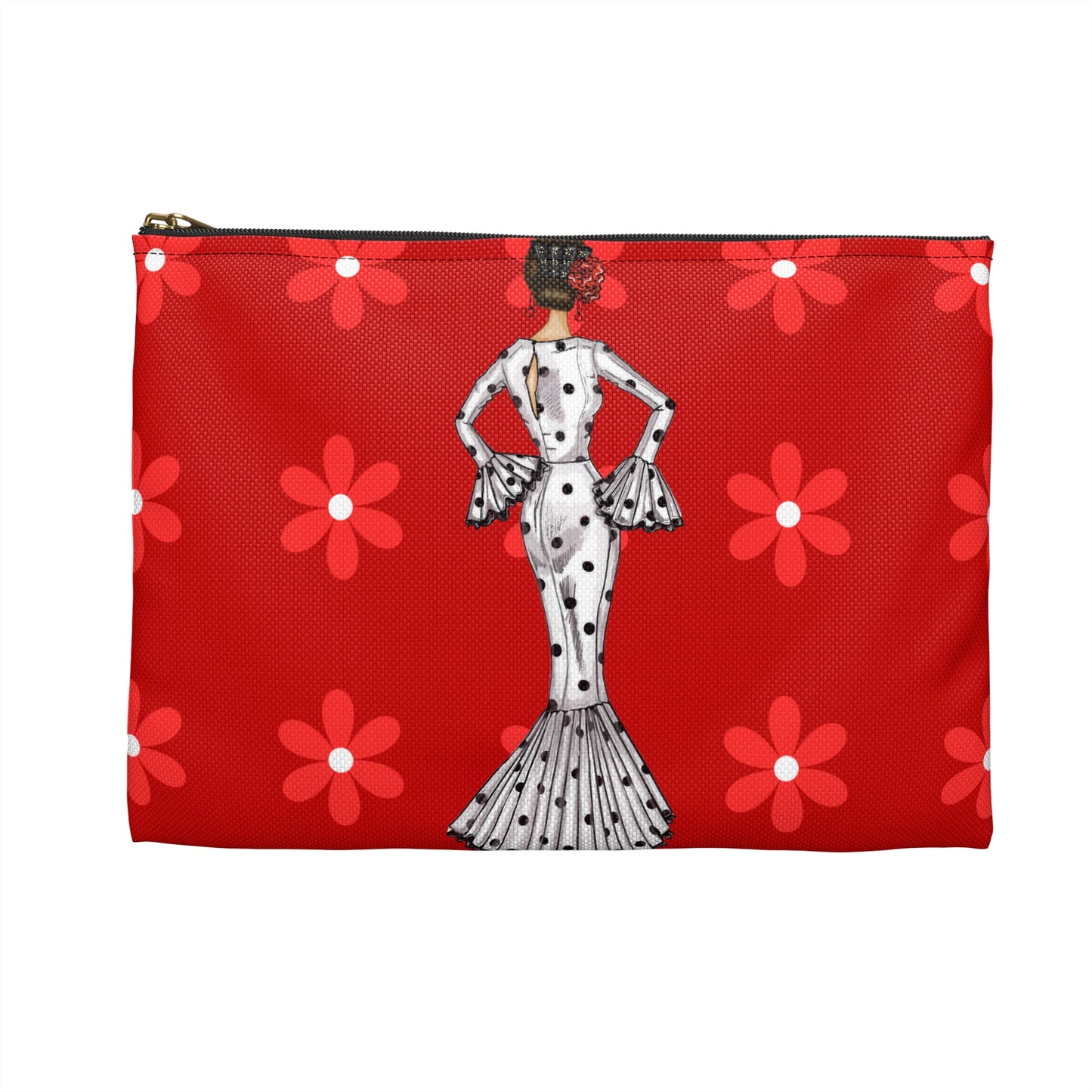 a red and white purse with a lady in a polka dot dress